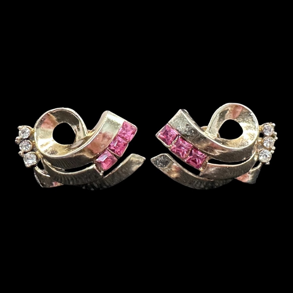 Vintage 40s Screw-Back Coro-Style Gold Tone, Pink Stones, Clear Crystal Earrings